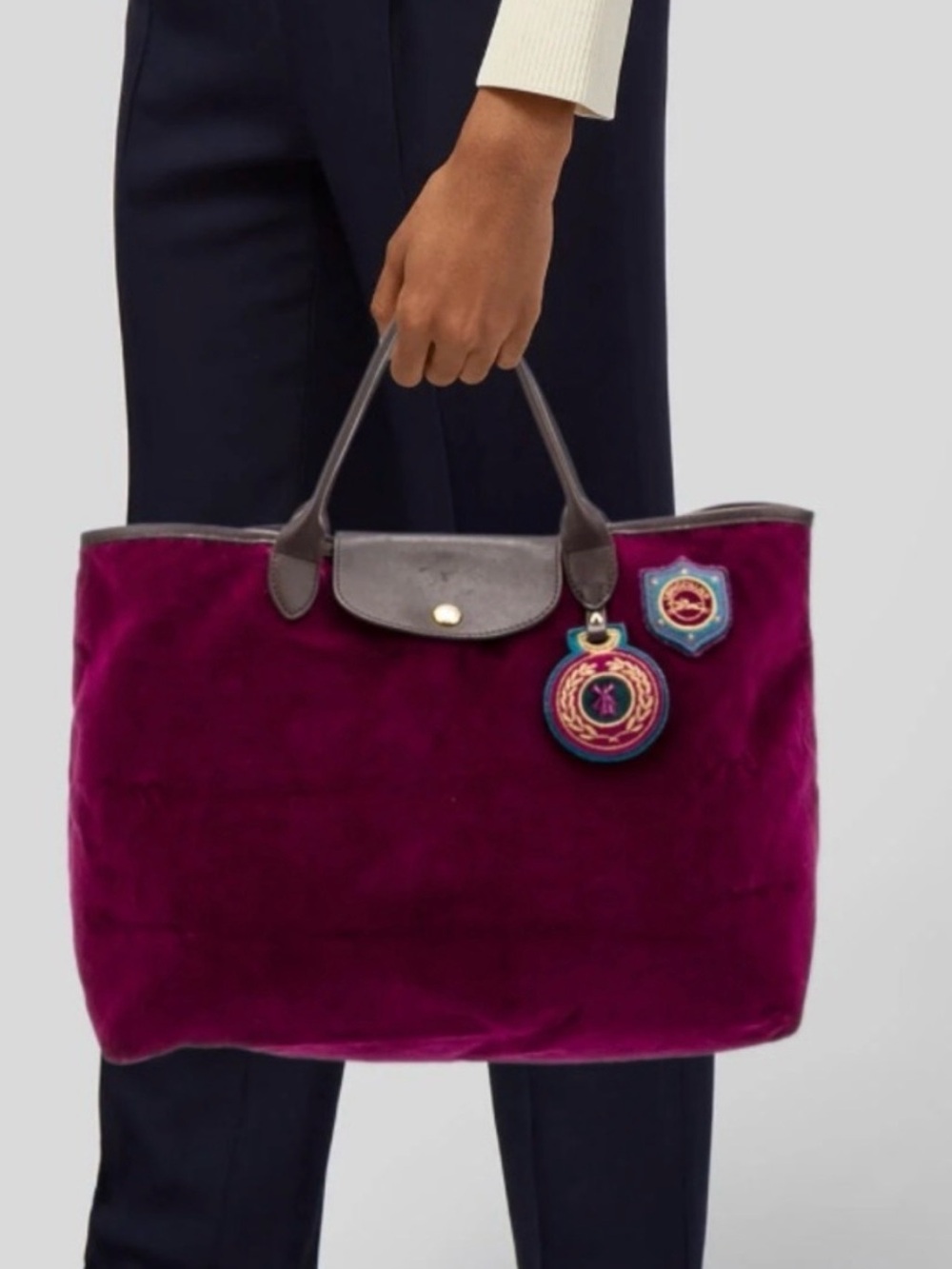Longchamp Velvet Tote in Deep Plum with Brown Trim